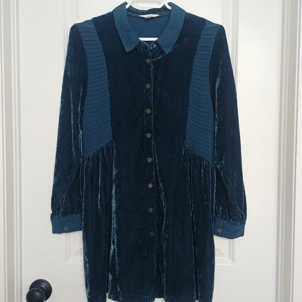 White Stuff UK dark teal velvet mini dress tunic button down viscose …